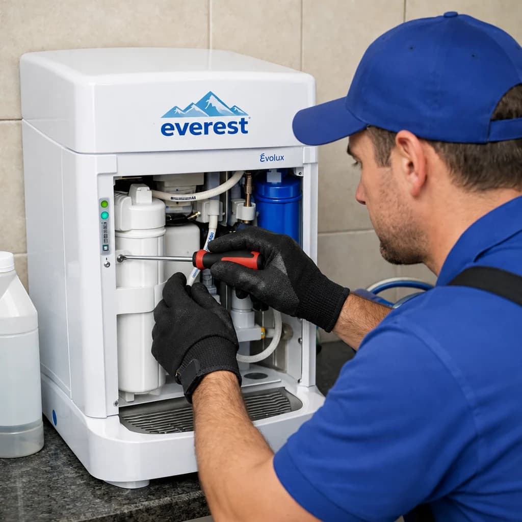 Imagem ilustrativa de técnico realizando manutenção em purificador Everest